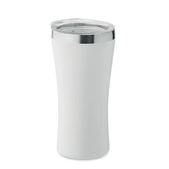 Pahar cu perete dublu alb de 160 ml izolat, cu capac transparent si margine argintie, ideal pentru bauturi calde sau reci
