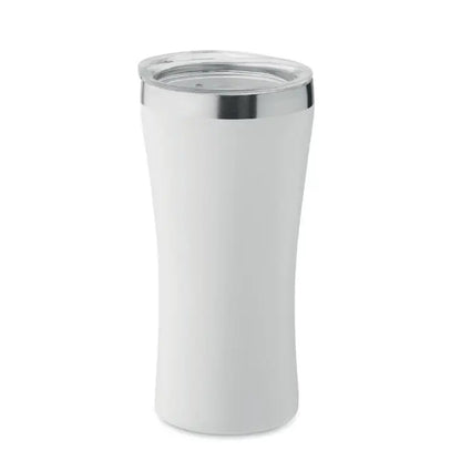 Pahar cu perete dublu alb de 160 ml izolat, cu capac transparent si margine argintie, ideal pentru bauturi calde sau reci