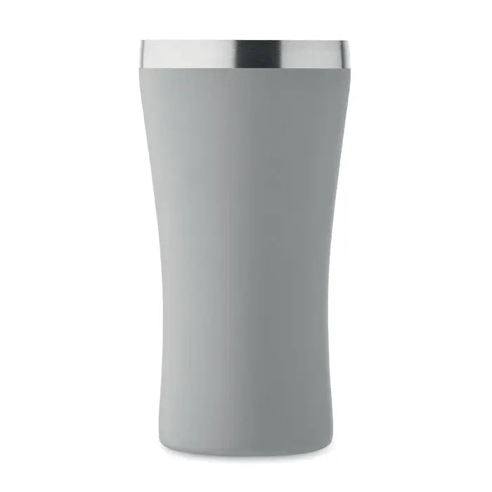 Pahar cu perete dublu gri cu izolație și margine metalică elegantă de 160 ml pentru băuturi calde sau reci