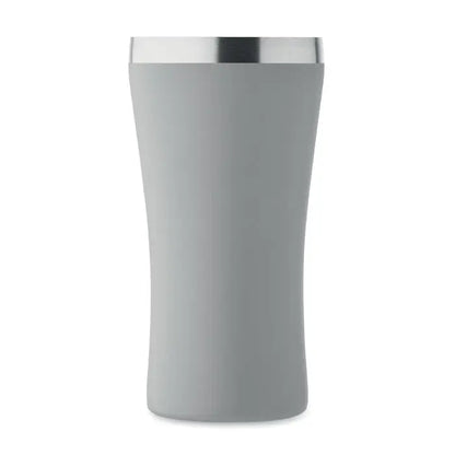 Pahar cu perete dublu gri cu izolație și margine metalică elegantă de 160 ml pentru băuturi calde sau reci