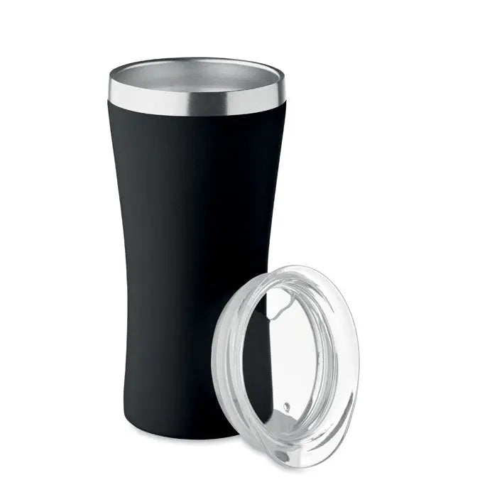 Pahar cu perete dublu 160 ml negru cu capac transparent si margine argintie izolat termic