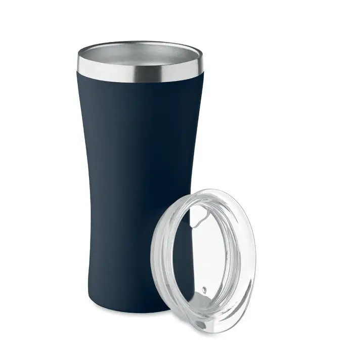 Pahar cu perete dublu 160 ml albastru navy, izolat, cu margine inox si capac transparent din plastic
