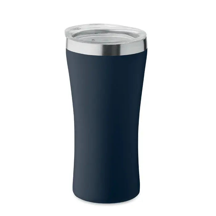 Pahar cu perete dublu 160 ml albastru închis izolat cu capac transparent și margine argintie