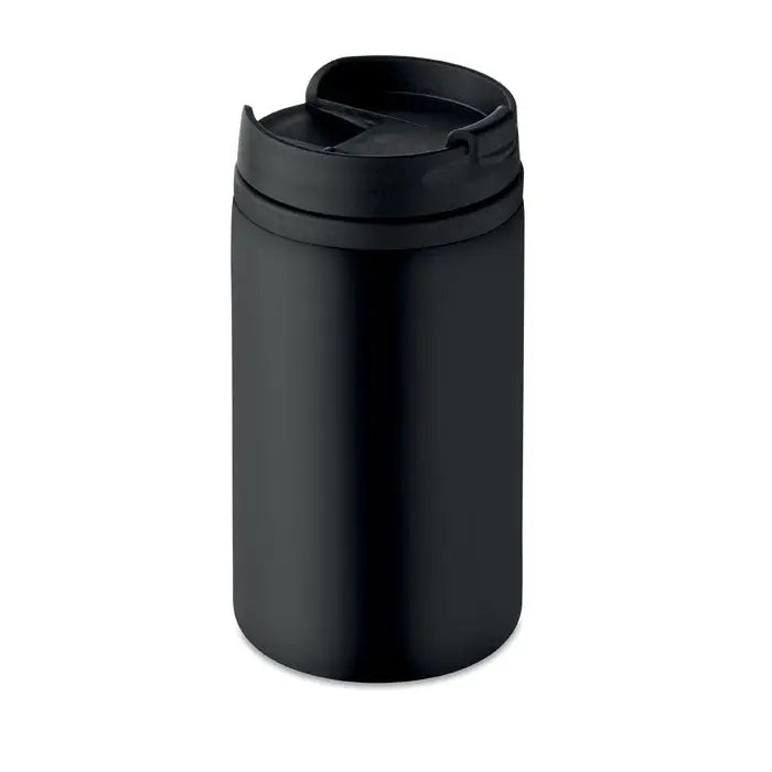 Pahar cu perete dublu 250 ml negru mat cu corp cilindric si capac flip-top pentru calatorii