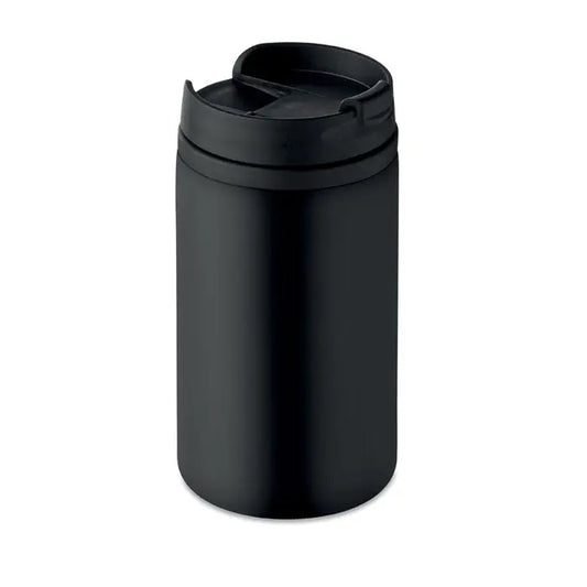 Pahar cu perete dublu 250 ml negru mat cu corp cilindric si capac flip-top pentru calatorii