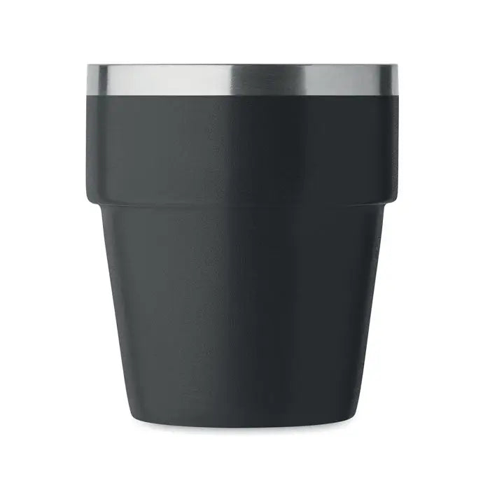 Pahar cu perete dublu negru 250 ml cu rama metalica din otel inoxidabil ideal pentru calatorii