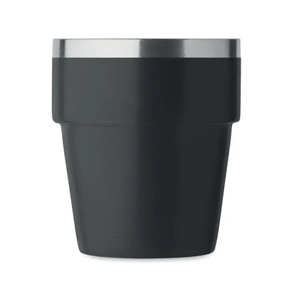 Pahar cu perete dublu negru 250 ml cu rama metalica din otel inoxidabil ideal pentru calatorii