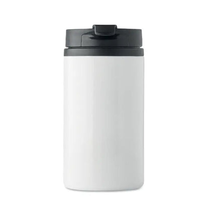 Pahar cu perete dublu alb cilindric pentru calatorii cu capac negru rabatabil de 250 ml