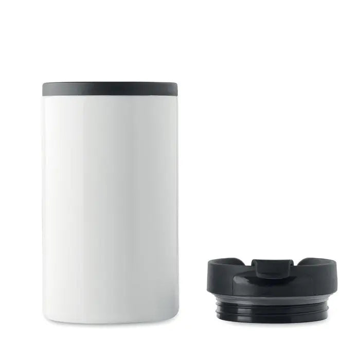 Pahar cu perete dublu 250 ml alb cilindric cu capac negru si finisaj mat perfect pentru calatorii