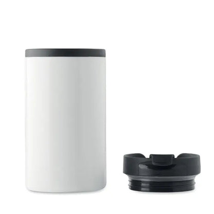 Pahar cu perete dublu 250 ml alb cilindric cu capac negru si finisaj mat perfect pentru calatorii