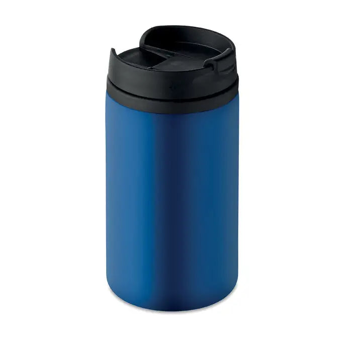 Pahar cu perete dublu albastru 250 ml cu capac negru rabatabil pentru bauturi calde si reci