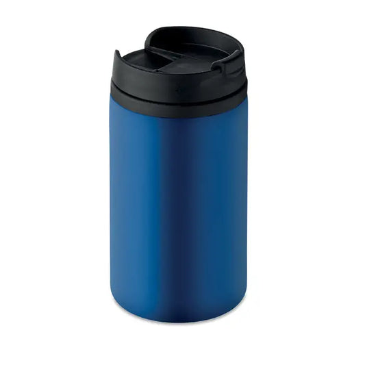 Pahar cu perete dublu albastru 250 ml cu capac negru rabatabil pentru bauturi calde si reci