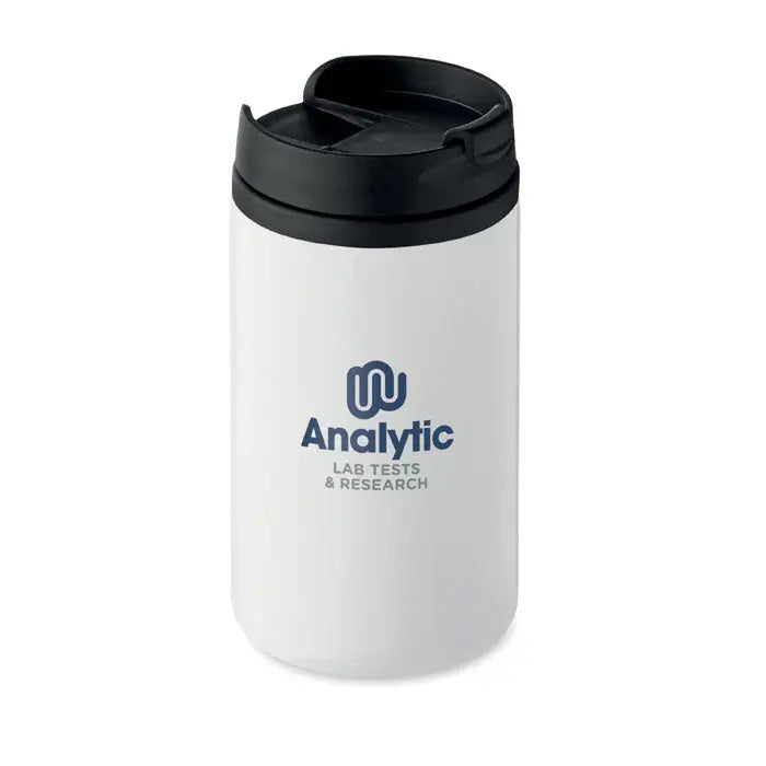 Pahar cu perete dublu 250 ml alb izolat cu capac negru rabatabil si logo navy al analytic lab tests si research