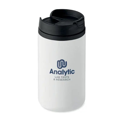 Pahar cu perete dublu 250 ml alb izolat cu capac negru rabatabil si logo navy al analytic lab tests si research