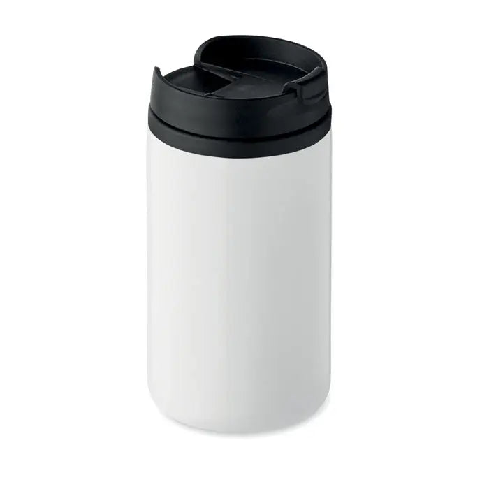 Pahar cu perete dublu 250 ml alb cilindric cu capac negru pliabil pentru calatorii