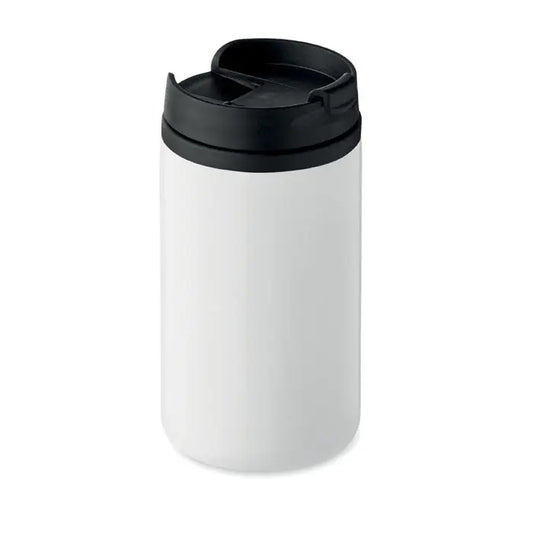 Pahar cu perete dublu 250 ml alb cilindric cu capac negru pliabil pentru calatorii