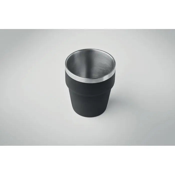 Pahar cu perete dublu 250 ml negru cu capac pentru scrumiera cilindrica si interior metalic lustruit