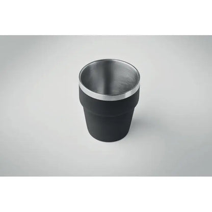 Pahar cu perete dublu 250 ml negru cu capac pentru scrumiera cilindrica si interior metalic lustruit