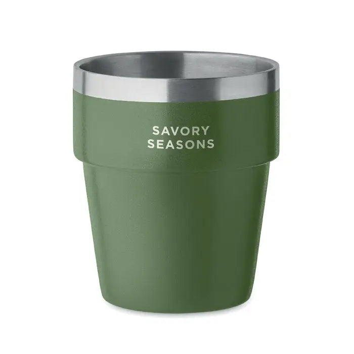 Pahar cu perete dublu 250 ml verde maslin izolat cu margine inox si savoi seasons imprimat alb