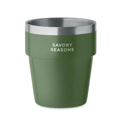 Pahar cu perete dublu 250 ml verde maslin izolat cu margine inox si savoi seasons imprimat alb