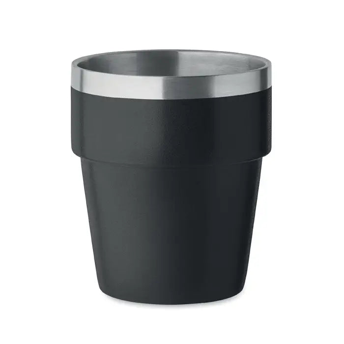 Pahar cu perete dublu 250 ml negru izolat cu margine metalica argintie pentru bauturi calde si reci