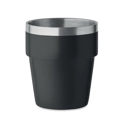 Pahar cu perete dublu 250 ml negru izolat cu margine metalica argintie pentru bauturi calde si reci
