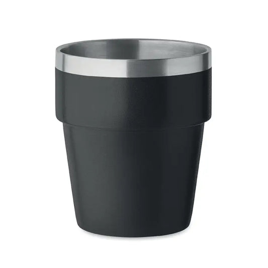 Pahar cu perete dublu 250 ml negru izolat cu margine metalica argintie pentru bauturi calde si reci