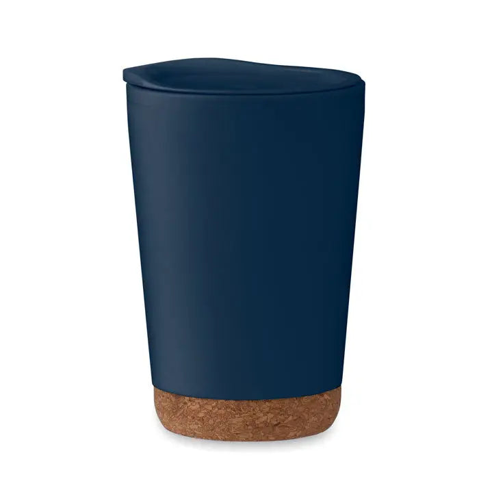 Pahar cu perete dublu 300 ml albastru navy cu capac si baza din pluta izolat pentru calatorii