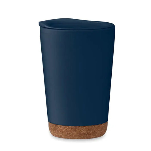 Pahar cu perete dublu 300 ml albastru navy cu capac si baza din pluta izolat pentru calatorii