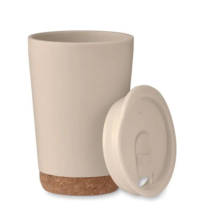 Pahar cu perete dublu 300 ml beige ceramic cu baza de pluta si capac asortat pentru calatorii