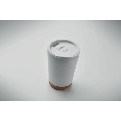 Pahar cu perete dublu 300 ml alb din ceramica cu baza de plută si capac rabatabil pentru calatorii