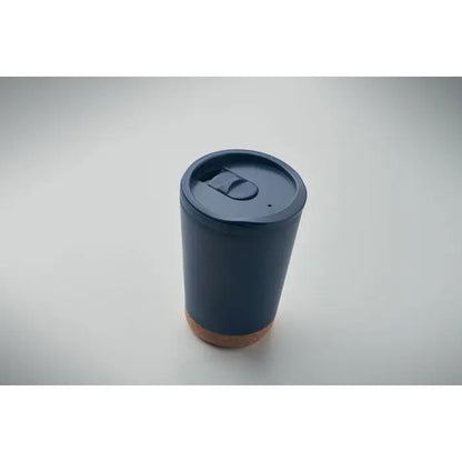 Pahar cu perete dublu 300 ml albastru navy cu baza de plută izolant și capac flip-top pentru călătorii