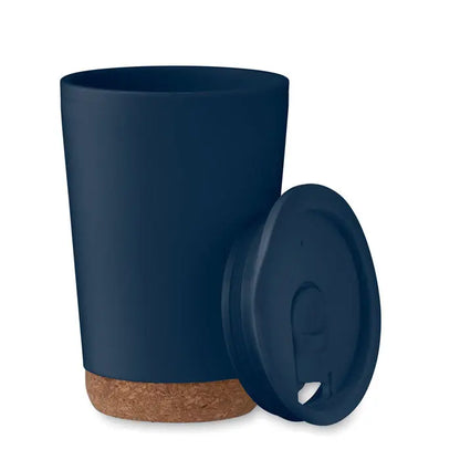 Pahar cu perete dublu navy blue izolat termic cu baza de pluta si capac potrivit pentru calatorii de 300 ml