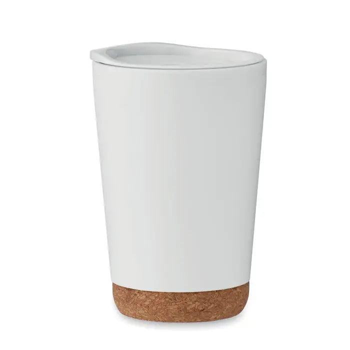 Pahar cu perete dublu 300 ml alb din ceramică cu bază și capac din plută pentru călătorii