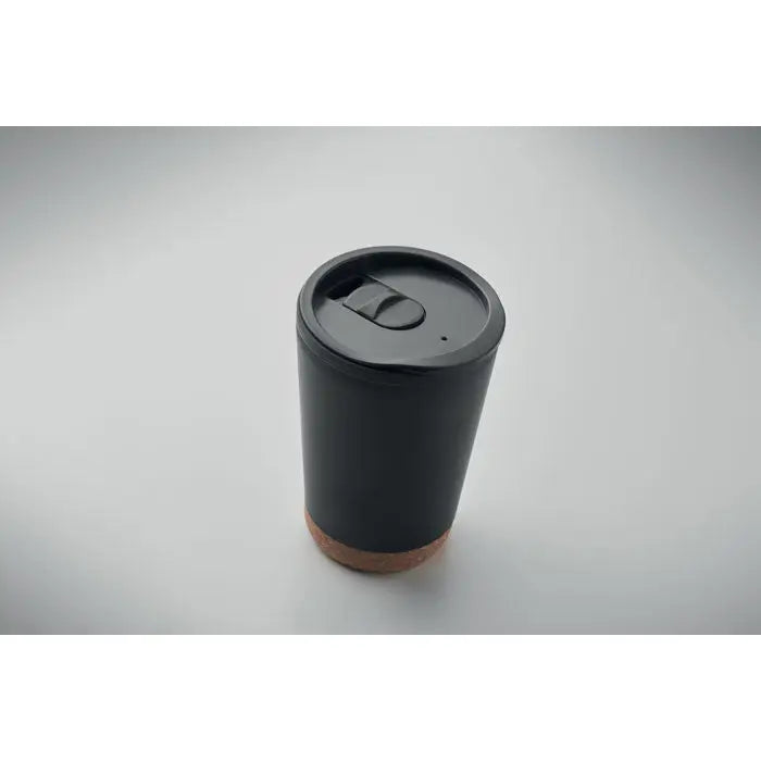 Pahar cu perete dublu 300 ml negru cu finisaj mat si baza de pluta pentru calatorii