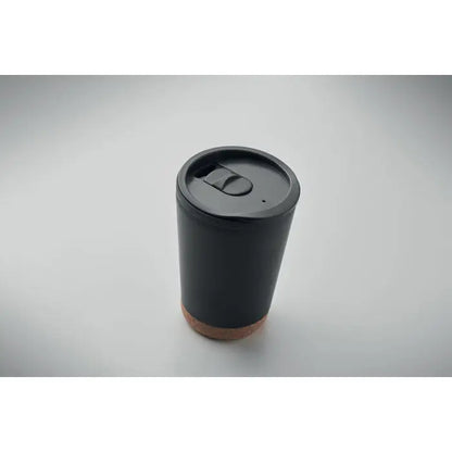 Pahar cu perete dublu 300 ml negru cu finisaj mat si baza de pluta pentru calatorii