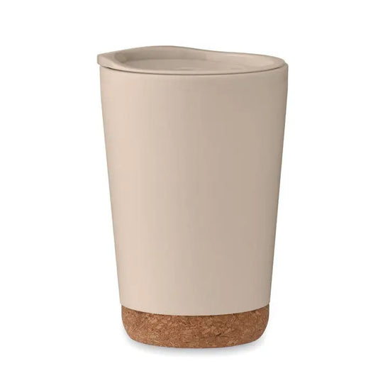 Pahar cu perete dublu 300 ml din ceramică bej cu bază și capac din plută pentru călătorii