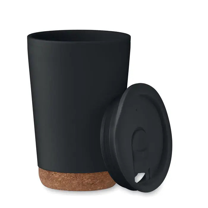 Pahar cu perete dublu 300 ml negru cu baza si capac din pluta pentru bauturi calde sau reci