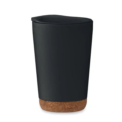 Pahar cu perete dublu 300 ml din ceramică neagră cu bază și capac din plută pentru călătorii