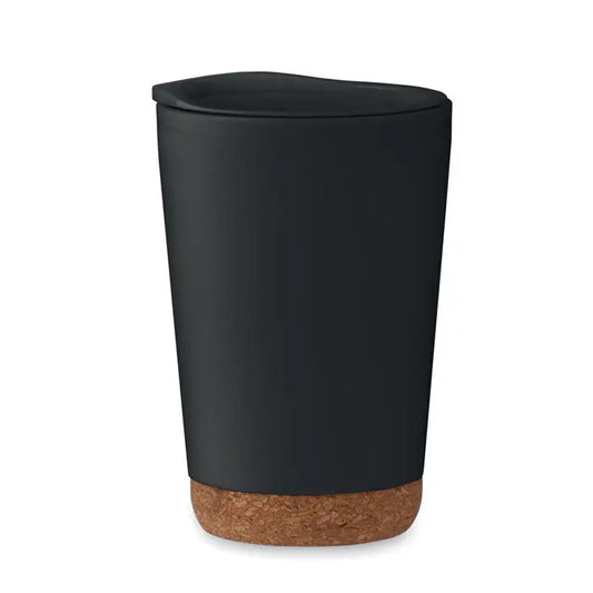 Pahar cu perete dublu 300 ml din ceramică neagră cu bază și capac din plută pentru călătorii