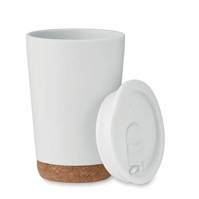 Pahar cu perete dublu 300 ml alb ceramic cu baza de plută și capac alb cu orificiu integrat pentru băut