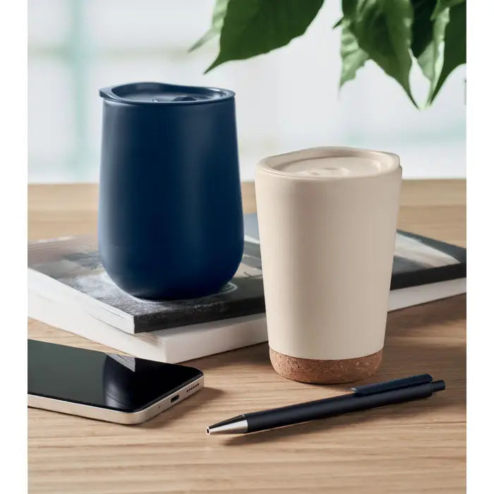 Pahar cu perete dublu 300 ml cu două căni de călătorie moderne, bleumarin și alb crem, cu bază de plută naturală