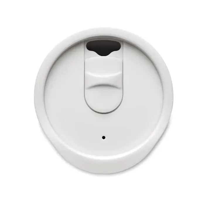 Pahar cu perete dublu 300 ml cu capac alb din plastic si orificiu negru pentru baut direct