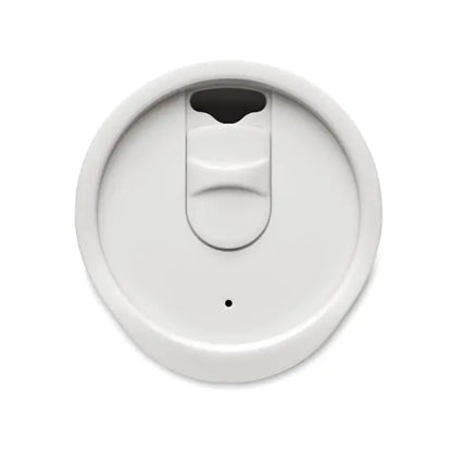 Pahar cu perete dublu 300 ml cu capac alb din plastic si orificiu negru pentru baut direct