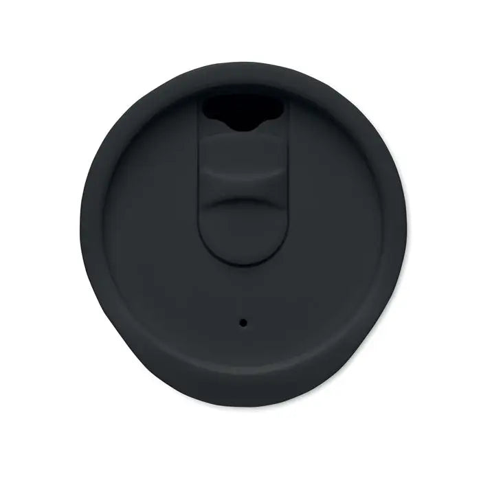 Pahar cu perete dublu 300 ml cu capac negru din silicon cu orificiu mic pentru baut si clapeta deschidere
