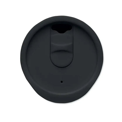 Pahar cu perete dublu 300 ml cu capac negru din silicon cu orificiu mic pentru baut si clapeta deschidere