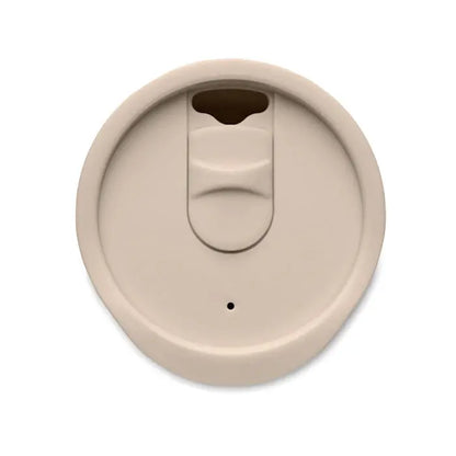 Pahar cu perete dublu 300 ml cu capac flip-top din silicon bej si orificiu pentru baut