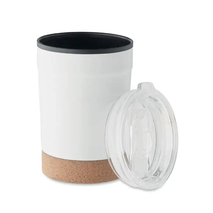 Pahar cu perete dublu 300ml alb din ceramică cu interior negru, capac transparent și bază de plută pentru călătorii