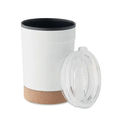 Pahar cu perete dublu 300ml alb din ceramică cu interior negru, capac transparent și bază de plută pentru călătorii