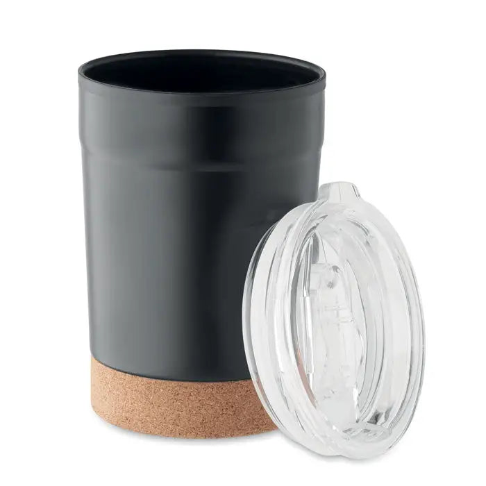 Pahar cu perete dublu 300ml negru cilindric cu capac transparent si baza din pluta naturala
